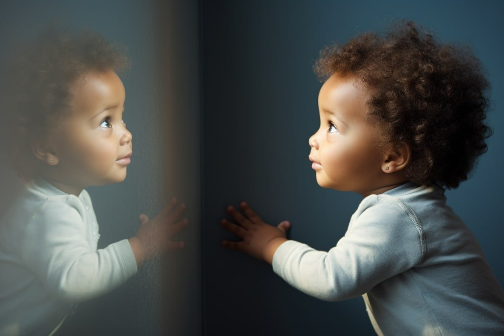 Curious baby looking at new faces — early signs baby is ready for nursery and comfortable in new environments.
